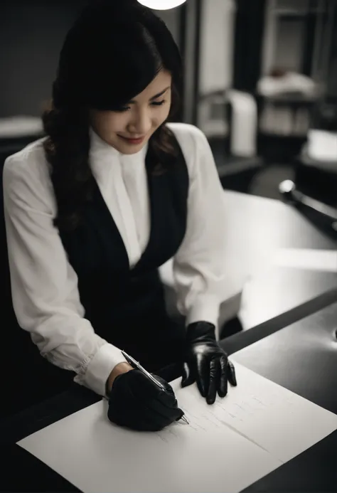 Wearing black leather gloves in both hands, upper body, black business suit, facing the desk in the modern study in the dark, looking down and smiling, writing a letter using a fountain pen, long, straight black hair, young Japanese female new employee (bl...