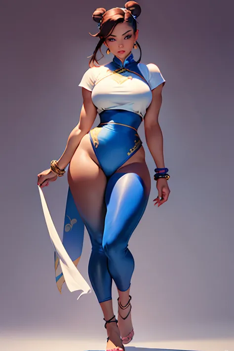 (masterpiece, best quality, high resolution), chun-li, chunlims, full body, full body view, hair bun, double bun, eyeshadow, makeup, chinese clothes, pelvic curtain, solo, dress, bracelet, ribbon, pants, blue pants, makeup, short sleeves, wide hips, thick ...