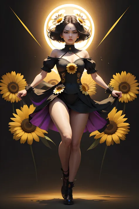 Daisy woman, full body, daisy flower color palette, fighting posture, fierce look.