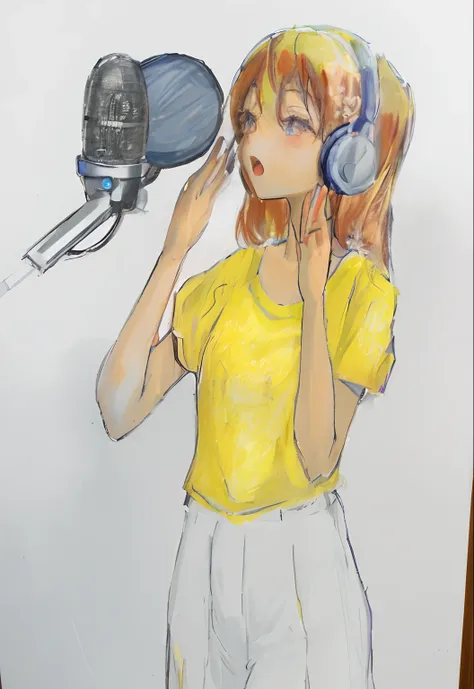 Drawing of a woman holding headphones in front of a microphone, colored sketch anime manga panel, girl in studio, aya takano color style, painted in anime painter studio, by Kamisaka Sekka, by Rei Kamoi, By Yasutomo Oka, japanese anime artist drawn, inspir...