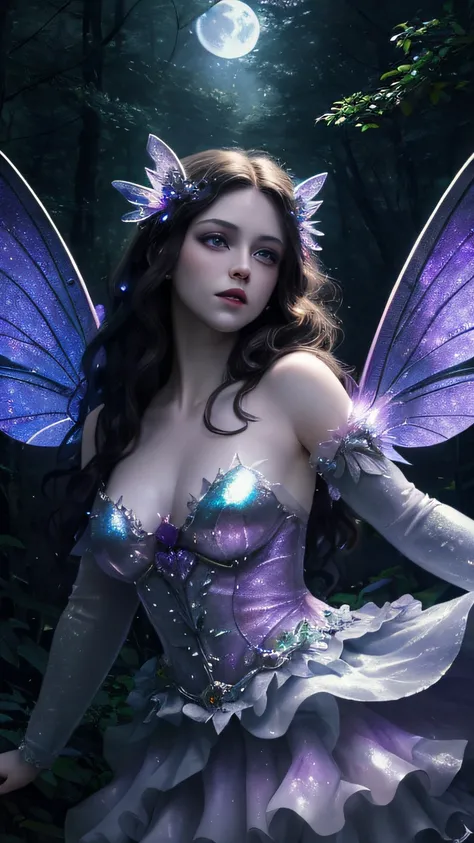 ((best quality)), ((masterpiece)), ((hyper realistic)), ((ultra detailed)), a magical moon faerie, hovering above a mystical forest, dark hair, detailed violet sparkling eyes, iridescent silver wings reflecting moonlight