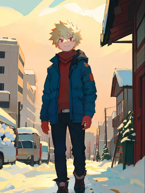 、Blonde Katsumi Bakugo with red eyes、、13years、portraitures、a smile、(1boy、独奏、The upper part of the body:1.2)、Standing in the winter city