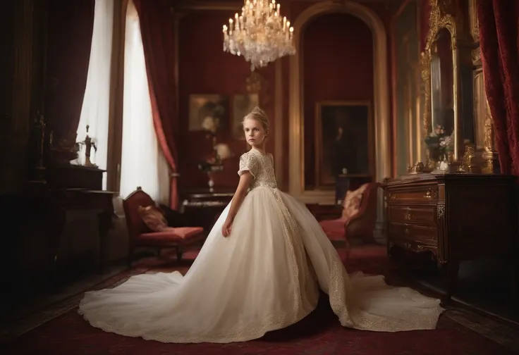 Beauty in the center of the image, French, (pale:1.3) Skin, 7-year-old princess with straight blonde hair in bun hairstyle, Large eyelashes, self-confident, serious, arrogant, no makeup, Beautiful body, Intricate Victorian costumes, In the palace, victoria...