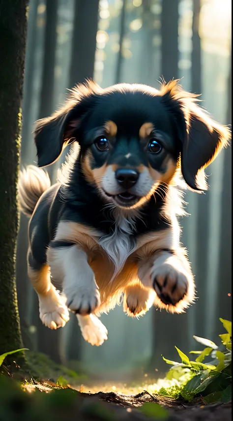 close up photo of a very cute jumping puppy in the forest, soft volumetric lights, (backlit:1.3), (cinematic:1.2), intricate details, (ArtStation:1.3), Rutkowski