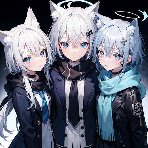 Shiroko(blue archive), animal ear fluff ,animal ears , black choker, black dress, blue eyes, blue jacket ,blue scarf , choker, cross hair ornament, diamond-shaped pupils ,diamond (shape) ,dress , extra ears , grey hair , hair ornament , halo ,jacket ,mediu...