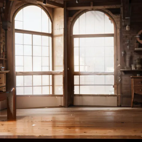 there is a room with a wooden floor and a large window, old kitchen backdrop, old kitchen backdrop angled view, stunning arcanum backdrop, open window ib background, studio background, interior background, mattepainting, large window, magic lab background,...