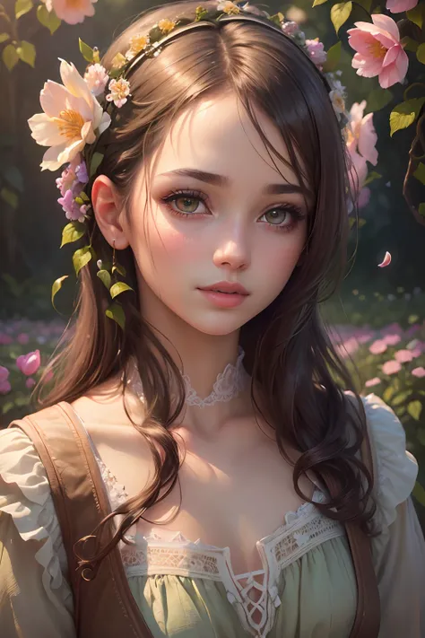 (a girl in a garden, beautiful detailed eyes, beautiful detailed lips, extremely detailed eyes and face, long eyelashes, oil painting, vibrant colors, soft lighting, blooming flowers, lush greenery, delicate petals, intricate details, highres, realistic)