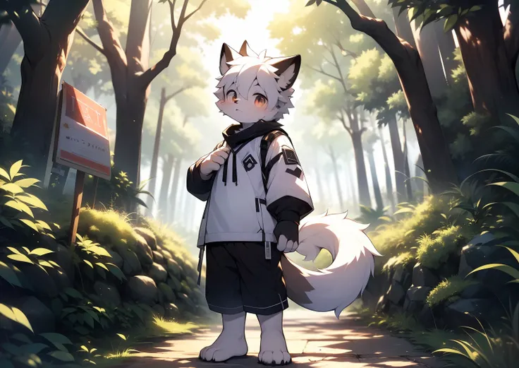 Libido boy，furry wolf，((Shota)), Black and white hair, Very good figure, Handsome，adolable, Light：Extreme light and shadow, Reflective skin,Reddish skin，((worn-out clothing，Commoner)) ，((Deep in the forest，Stone path，Signs，独奏，solo person))，Outdoor sunset，(...