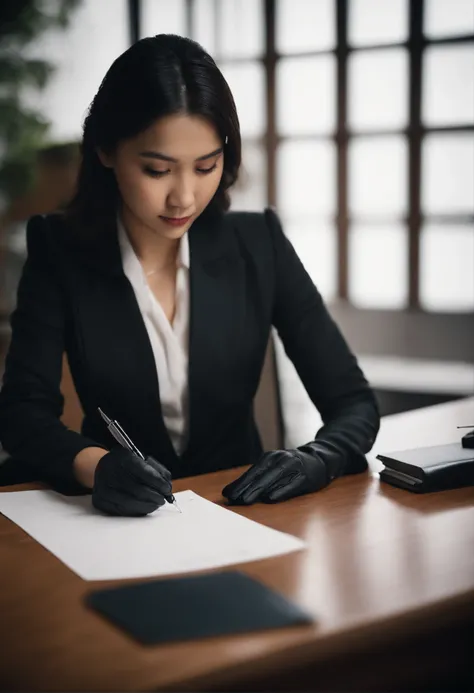 Wearing black leather gloves in both hands, upper body, black business suit, facing the desk in the modern study in the dark, looking down, smiling, writing a letter using a fountain pen, long, straight black hair, young and cute face Japanese female new e...