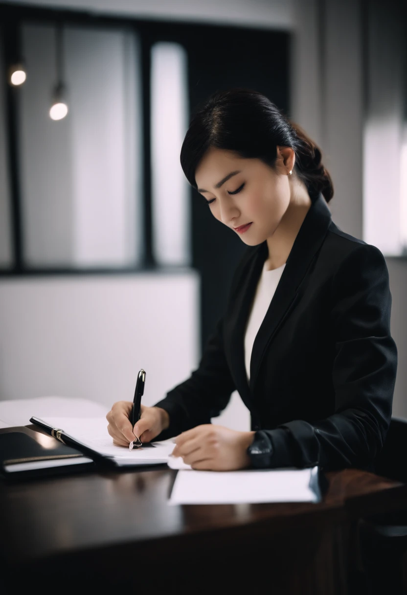 Wearing black leather gloves in both hands, upper body, black business suit, facing the desk in the modern study in the dark, looking down, smiling, writing a letter using a fountain pen, long, straight black hair, young and cute face Japanese female new e...