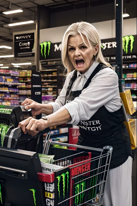 enraged customers, clerks bowing, complaint, uneven, monster claim, cash register, shopping cart with monster energy drink, angr...