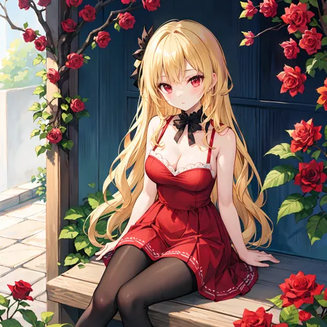 Wavy blonde、red eyes、Beautiful girl alone、Red dress、gravure、sitting on、rose garden、Black tights