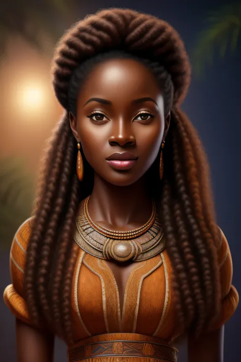 retrato realista uma mulher  africana africana pele marrom escura queimada do sol, cabelos longos:2                
 cacheados, roupas de princesas, long rococo style dress,  imagem intrigante, imagem limpa, ao fundo um lindo lago, cores vividas, Cinematic...