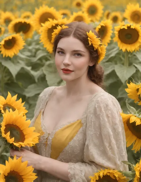 the enchantress in the sunflowers, digital painting, in the style of abbott fuller graves, luminous and dreamlike scenes, james pradier, coles phillips, joyful landscapes, soft sculpture, colorfield painting, minimal