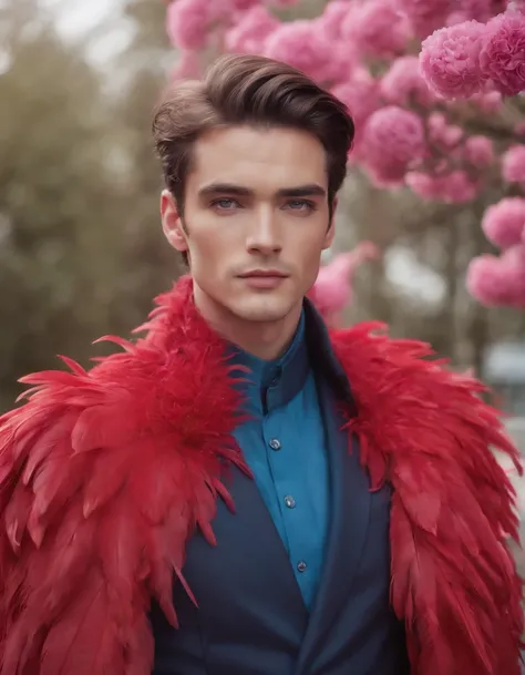 medium shot of a handsome man outside wearing a red coat made of feathers, with blue eye makeup, pink flowers in the background, in the style of album covers, glitter, soft yet vibrant