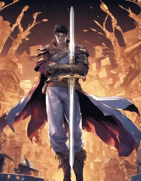 glamour shot of youth swordman, fullbody, grin, handsome sad face, black hair, golden eyes, colorful, wonderfull twilight background, anime style, (masterpiece, ultra realistic, best quality, high quality, highres, ultra-detailed)