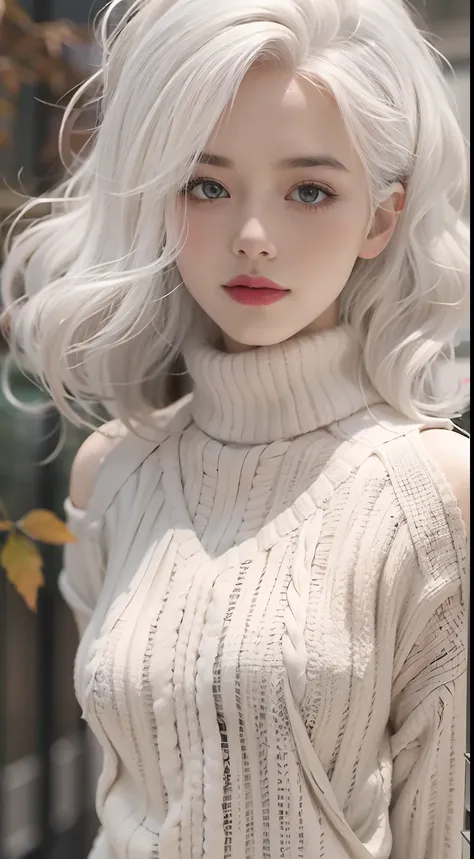 Medium Shot Shot, A beautiful woman looks at the camera, White hair, Chris Foss autumn off-the-shoulder sweater