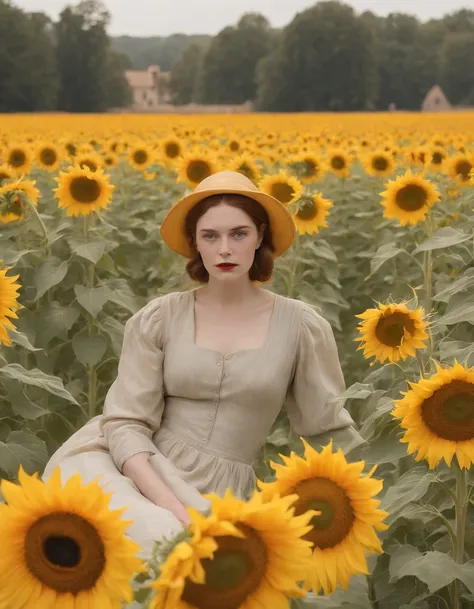 The Witch in the Sunflowers, real photographs, Albert Fuller grave style, luminous and dreamlike scenes, James Pradil, Coles Phillips, joyous landscapes, soft sculptures, color field paintings, Minimalist.