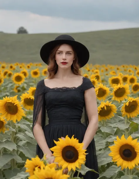 The Witch in the Sunflowers, real photographs, Albert Fuller grave style, luminous and dreamlike scenes, James Pradil, Coles Phillips, joyous landscapes, soft sculptures, color field paintings, Minimalist.