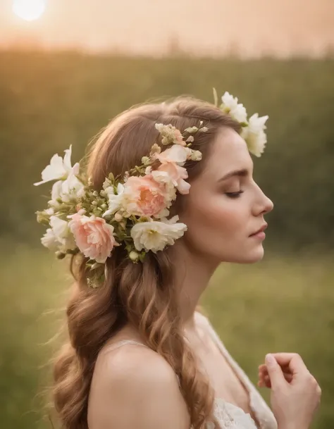 person with flowers in hair, collage style, honeycore, nature painter, fantasy art, hyman Bloom, sarah purser, ultra high definition image, transparent/translucent medium