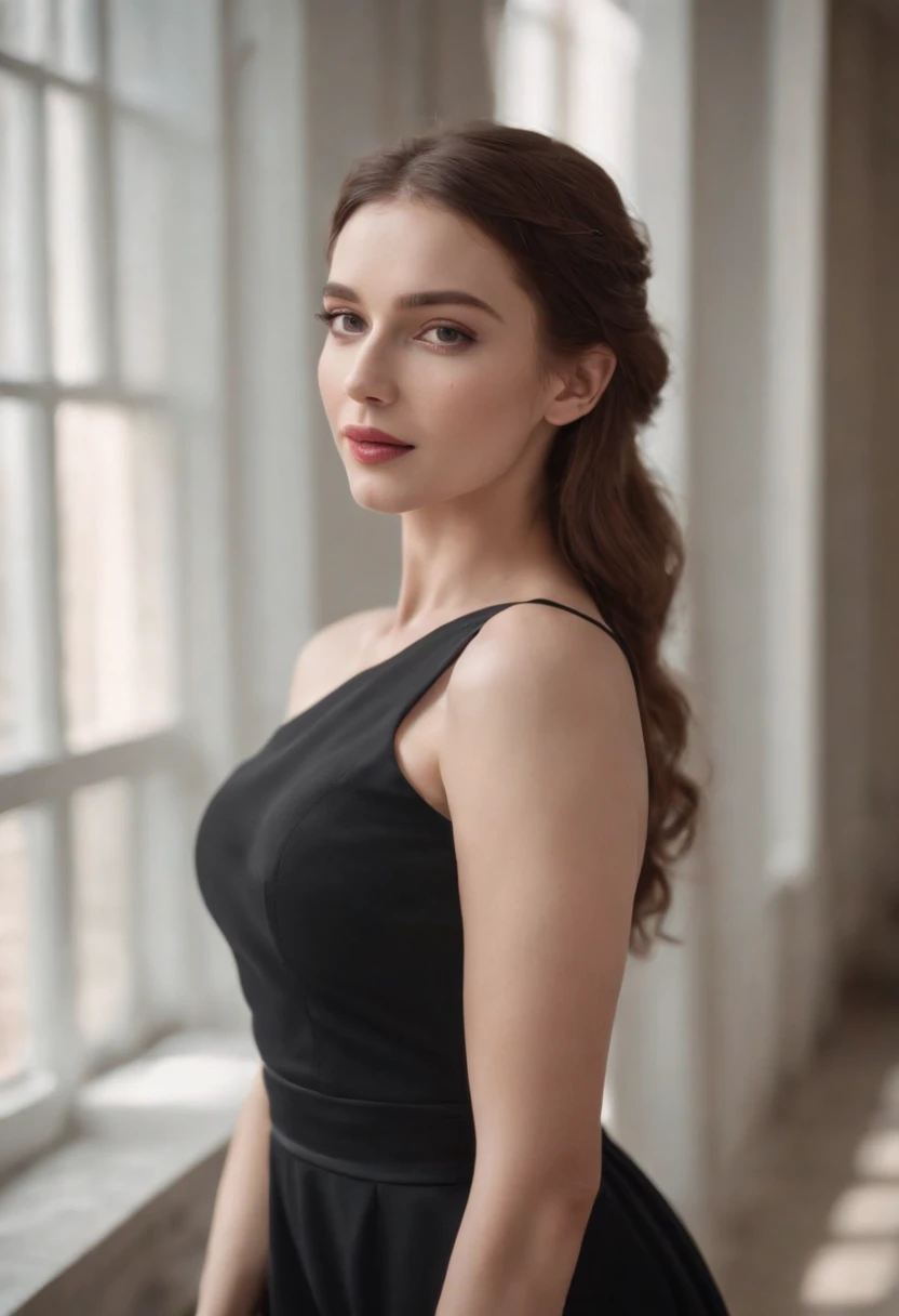 a beautiful woman in a black dress poses with one shoulder, in the style of 8k resolution, warmcore, goosepunk, focus on joints/connections, minimal retouching, handheld, candid