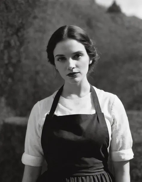 an illustration of a woman with a long apron, in the style of bill brandt, felix vallotton, intense gaze, ultrafine detail, lith printing, dramatic, somber religious works, luminous portraits