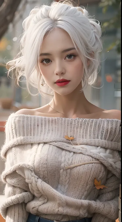 Medium Shot Shot, A beautiful woman looks at the camera, White hair, Chris Foss autumn off-the-shoulder sweater