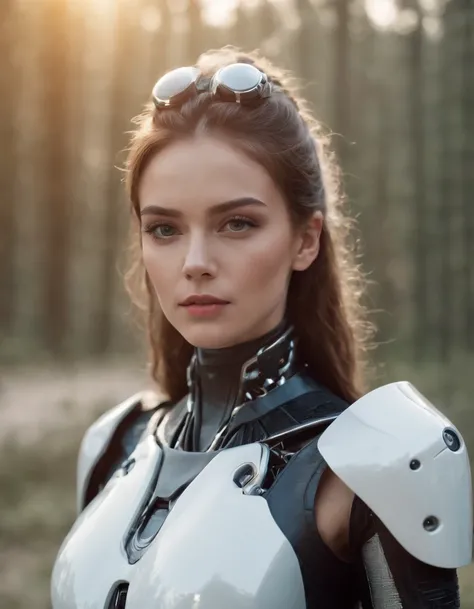 A beautiful girl in cybernetic costumes, em uma paisagem futuristica