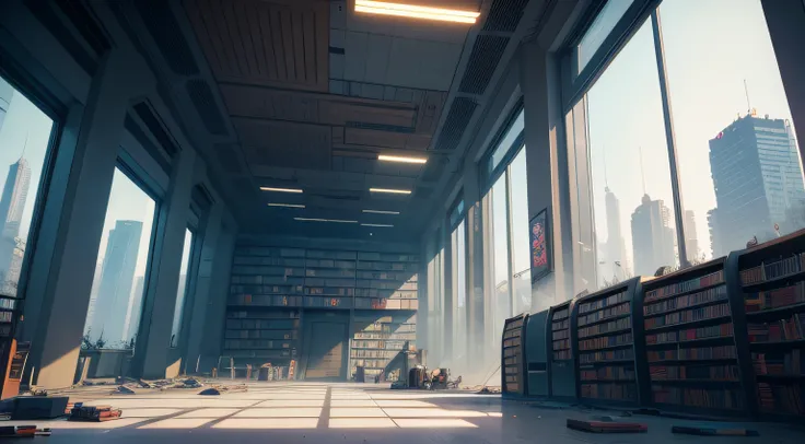 cyberpunk city library, city destroyed from the windows