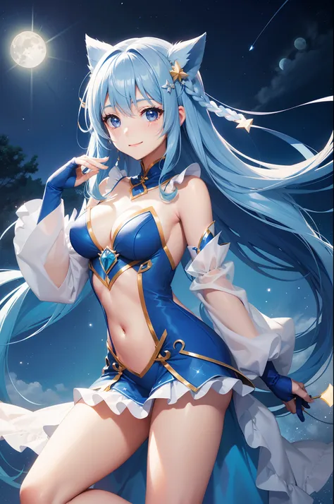 Pretty girl、A charming smile、Blue Long Hair、Twin-tailed、Engaging pose、Blue and white costume、Crystal jade、constellation、a moon、Fantastic background