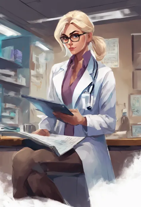 1womanl, , doctor, very light blonde hair, down ponytail hair, square glasses, sly look, frown , white lab coat, blue shirt, blue gloves reading the clipboard