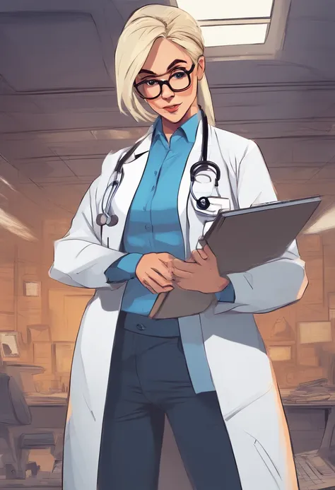 1womanl, , doctor, very light blonde hair, down ponytail hair, square glasses, sly look, frown , white lab coat, blue shirt, blue gloves reading the clipboard