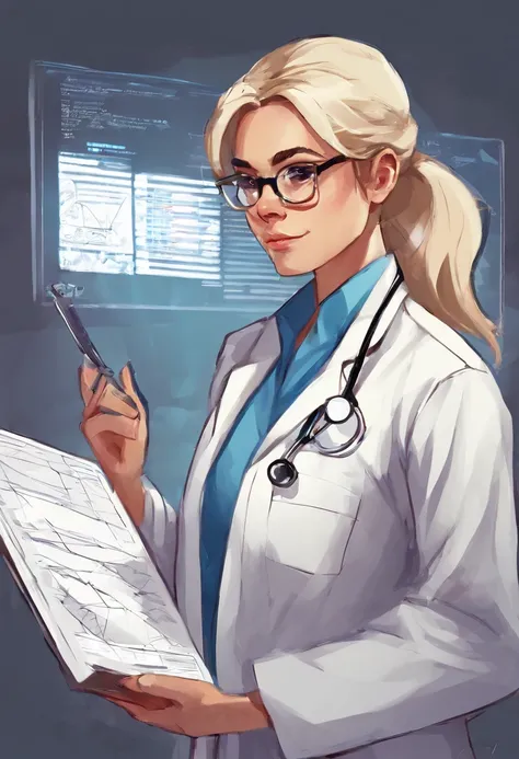 1womanl, , doctor, very light blonde hair, down ponytail hair, square glasses, sly look, frown , white lab coat, blue shirt, blue gloves reading the clipboard