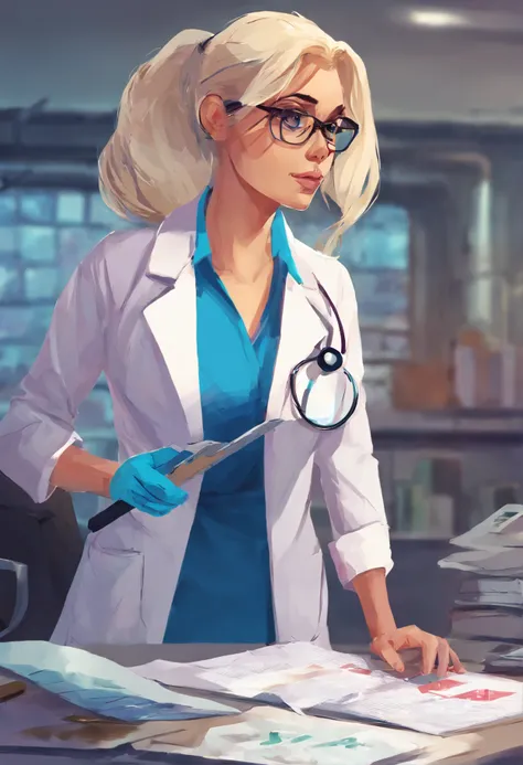 1womanl, , doctor, very light blonde hair, down ponytail hair, square glasses, sly look, frown , white lab coat, blue shirt, blue gloves reading the clipboard