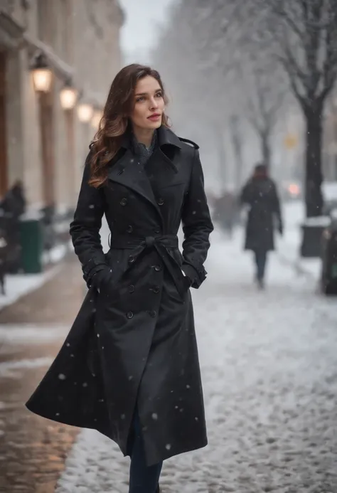 woman dressed in retro black trench coat, walks down the street, cold and snowing weather, bokeh style, medium close up shot, high quality photo