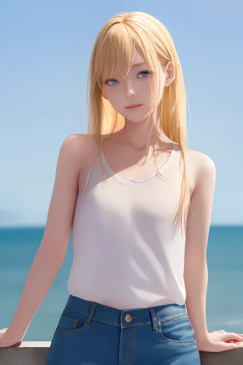 FULL BODYSHOT、top-quality、hight resolution、a blond、length hair、Denim pants、Red sleeveless shirt、Small、Sweaty skin、shores、sea side、blue open sky、Red Nails、Narrow-eyed、Clear look、Red Eyes、Red eyebrows、Slender eyes、Wanren、The forehead is visible、is standing、P...