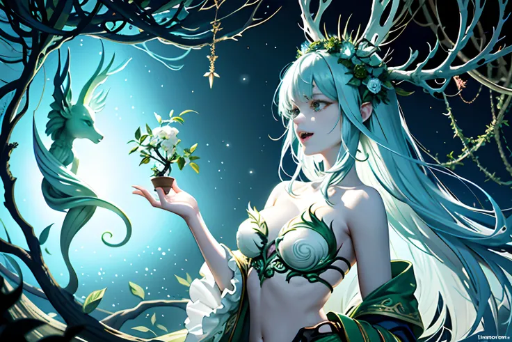 myth fantasy creature tree, scary face, open mouth, wood body, beauty beautiful, from right side, smile, close eyes, dark cyan and green, intricate forest background, clinging ivy, white dress of intricate delicate, dark fantasy aesthetics, quiet wind blow...