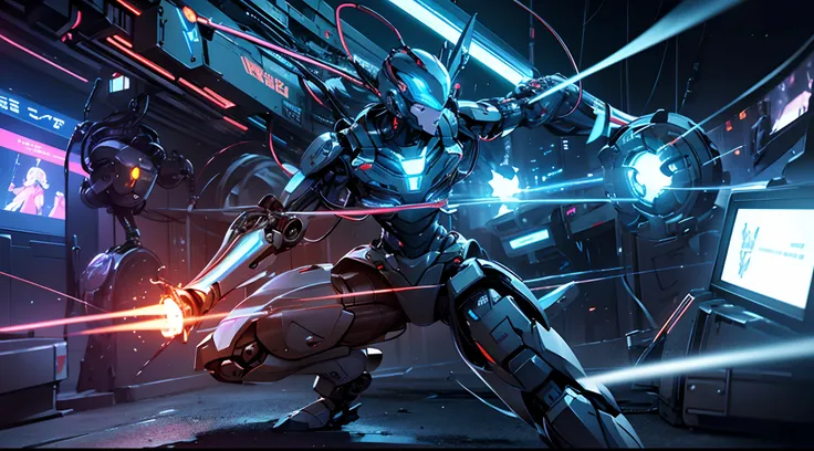 Robot figure made of wire and circuit, Illuminated by bright neon lights in the dark, industrial setting、Battle game between robots