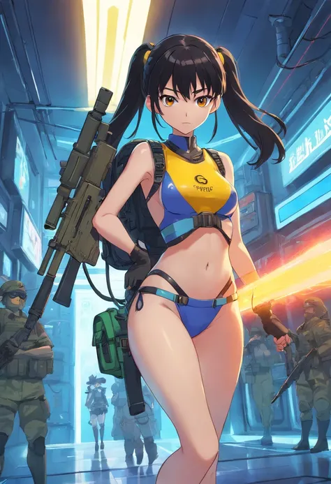 Teenage cyber girl, cyber bikini, cyber high-heels, cyber goggles, slim, small breasts, cyber backpack, black hair, long ponytail, holding cyber sniper, ready for battle, soldier