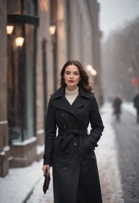 woman dressed in retro black trench coat, walks down the street, cold and snowing weather, bokeh style, medium close up shot, high quality photo