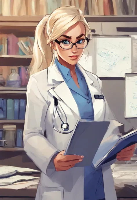 1womanl, , doctor, very light blonde hair, down ponytail hair, square glasses, sly look, frown , white lab coat, blue shirt, blue gloves reading the clipboard