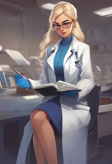 1womanl, , doctor, very light blonde hair, down ponytail hair, square glasses, sly look, frown , white lab coat, blue shirt, blue gloves reading the clipboard