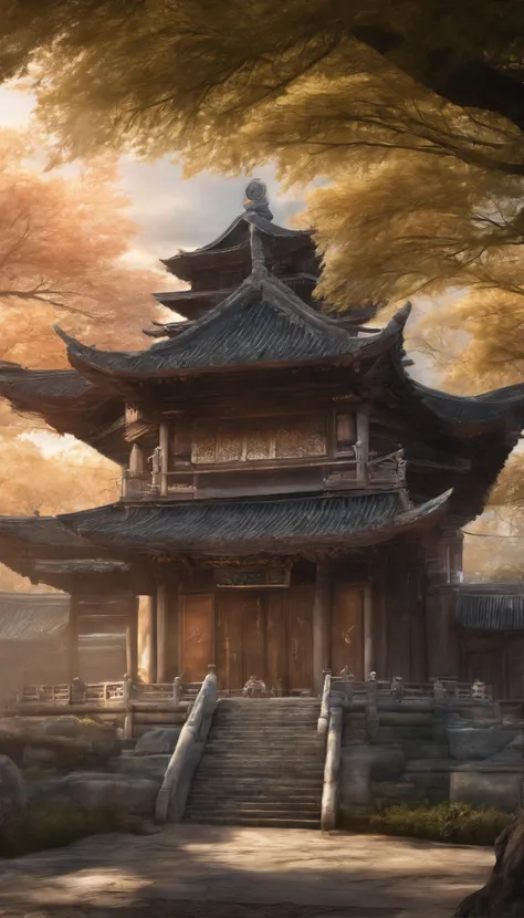 Quaint Han Dynasty style temple，There was an ancient Chinese monk who was sitting and meditating（closeup cleavage），Meditate，zazen，age-old tree，falling leaf，（Chinese landscape painting style），（Pastel ink painting），（8k wallpaper），（light and shadow effect），re...