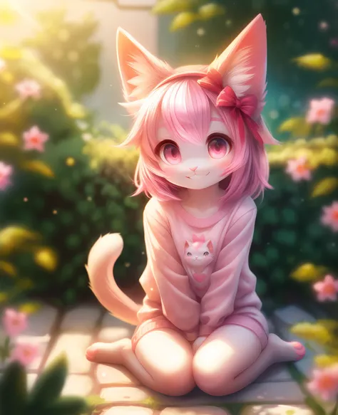 (sitting:1.2), knees up body, looking at viewer, smile,
(furry cat girl:1.2),(furry female:1), body fur, pink hair,pink eyes,pink cat ears, pink skin,
pajama,
in garden, depth of field,kawaii,petit,