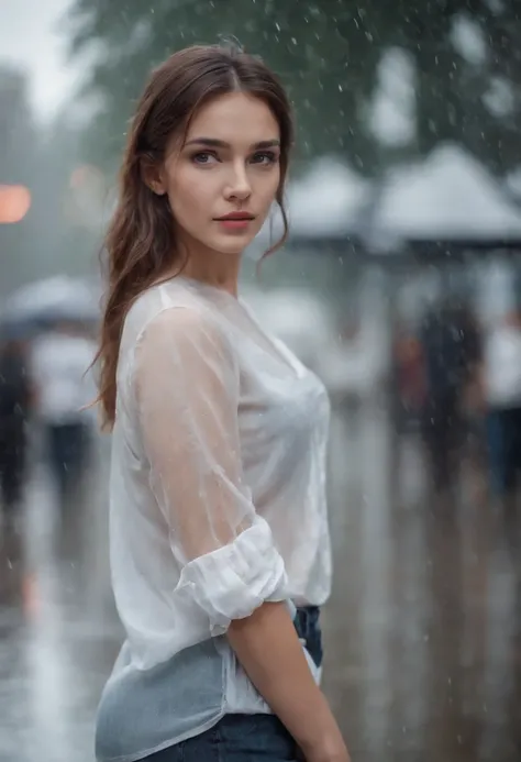 A beautiful girl wearing white transparent shirt in rainy day,medium shot