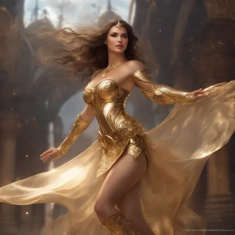 Woman in a golden transparent dress,High jump, (((Seios enormes, Big Cleavage))),big breasts thin waist,(navel baring,exposed waist), Long hair, Ultra-detailed details,Zhenyi Station top, Storm location, detailed fantasy art, Awesome character art, Beautif...