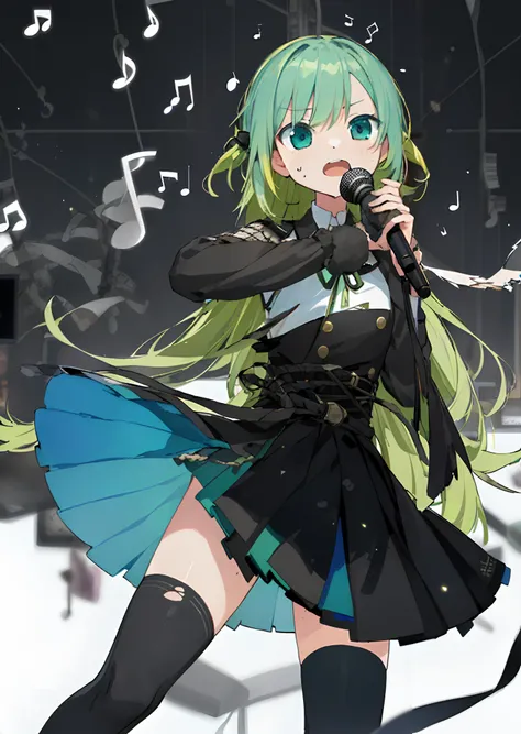 (​masterpiece}, {hight resolution}, {Good anatomy}, (top-quality), (extremely delicate and beautiful), (8k cg wallpaper), (illustratio), 1 girl in, Green hair, Waist Ribbon, The artists, Vocal、Enthusiasm、open open mouth、Hold the microphone, Plenty of sweat...