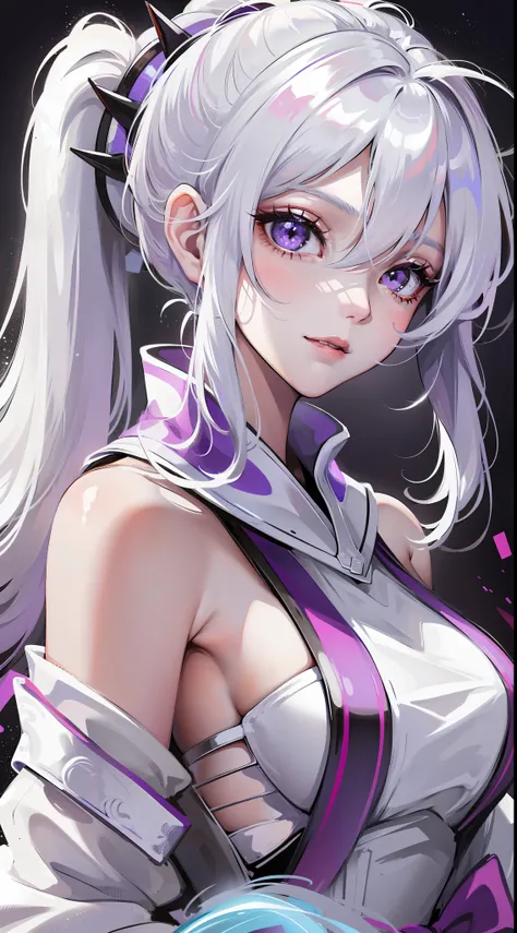 Young girl, long white hair, high ponytail, purple eyes, white hanfu, smirk, ice claws, lightning, masterpiece, high quality