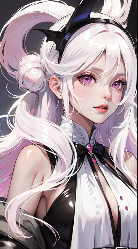 young girl, black skin, Long white hair with a pink parting, pink eyes, smirk, Vampire, White rich dress, Sleeveless, open breasts, Masterpiece, hiquality