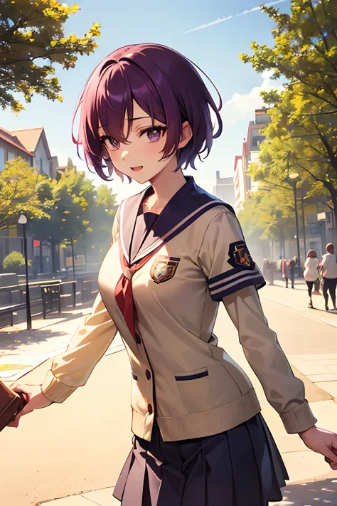 (masutepiece, of the highest quality, Best Quality, Official art, Beautiful and aesthetic:1.2),1 girl,18year old,Frolic in the park,Short hair, Purple hair, ((Eyes are hidden by hair)) ,shool uniform,a miniskirt.